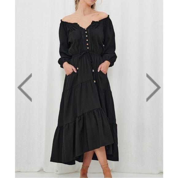 Iris Maxi Cottagecore Prairie Black Flowy Lightweight Cotton Tiered Midi Dress 8 - Picture 1 of 12